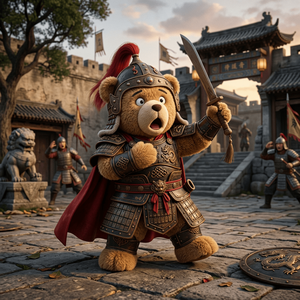 Teddy bear in detailed warrior armor holding a sword inside a stone fortress with guards and statues around
