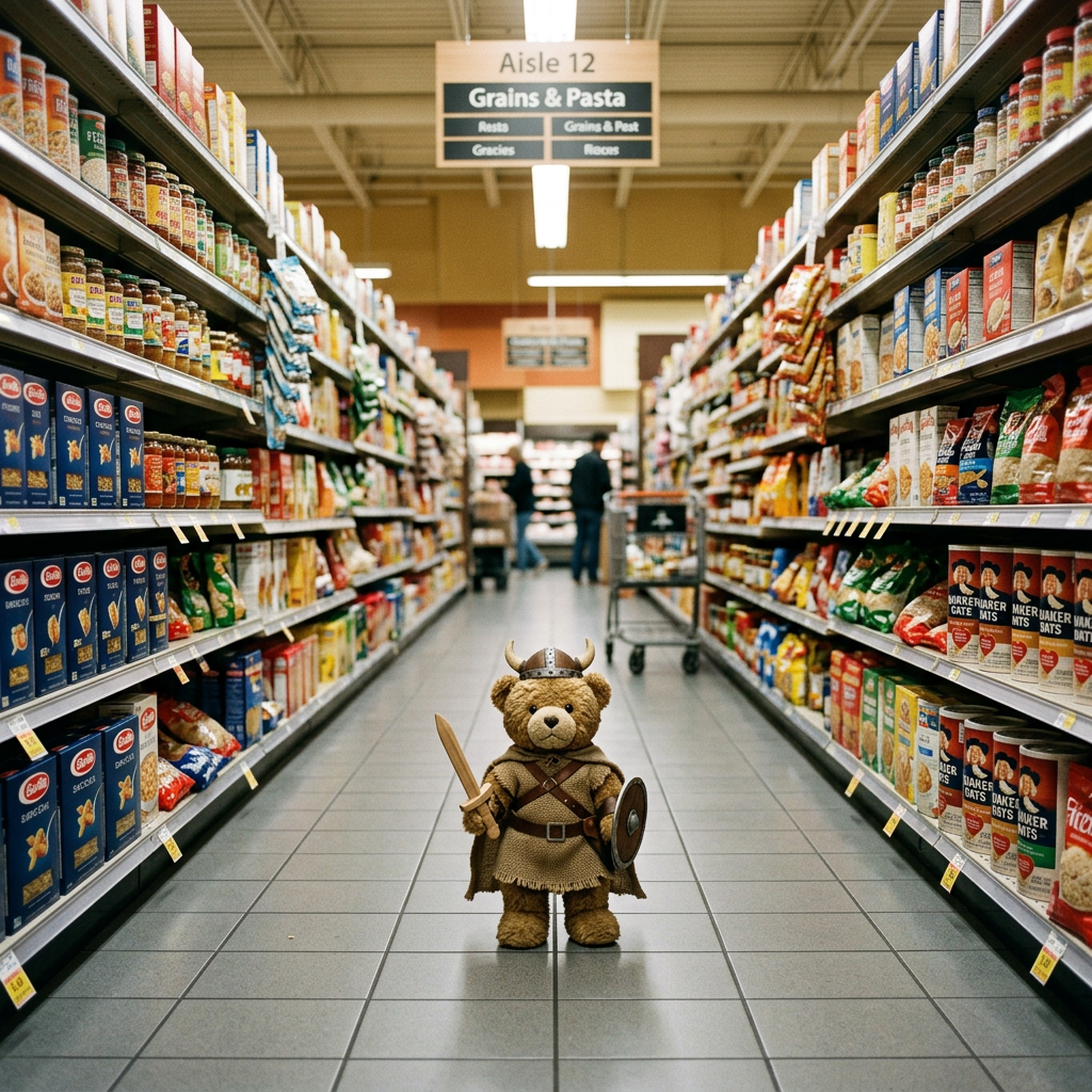 Teddy bear wearing Viking helmet, holding sword and shield, standing in grocery aisle with shelves of grains and pasta