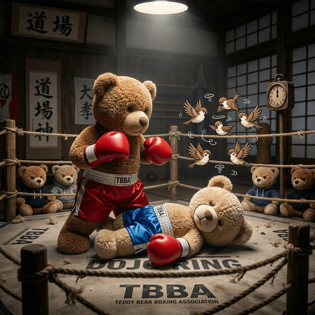 Two teddy bears dressed in karate uniforms sparring in a dojo