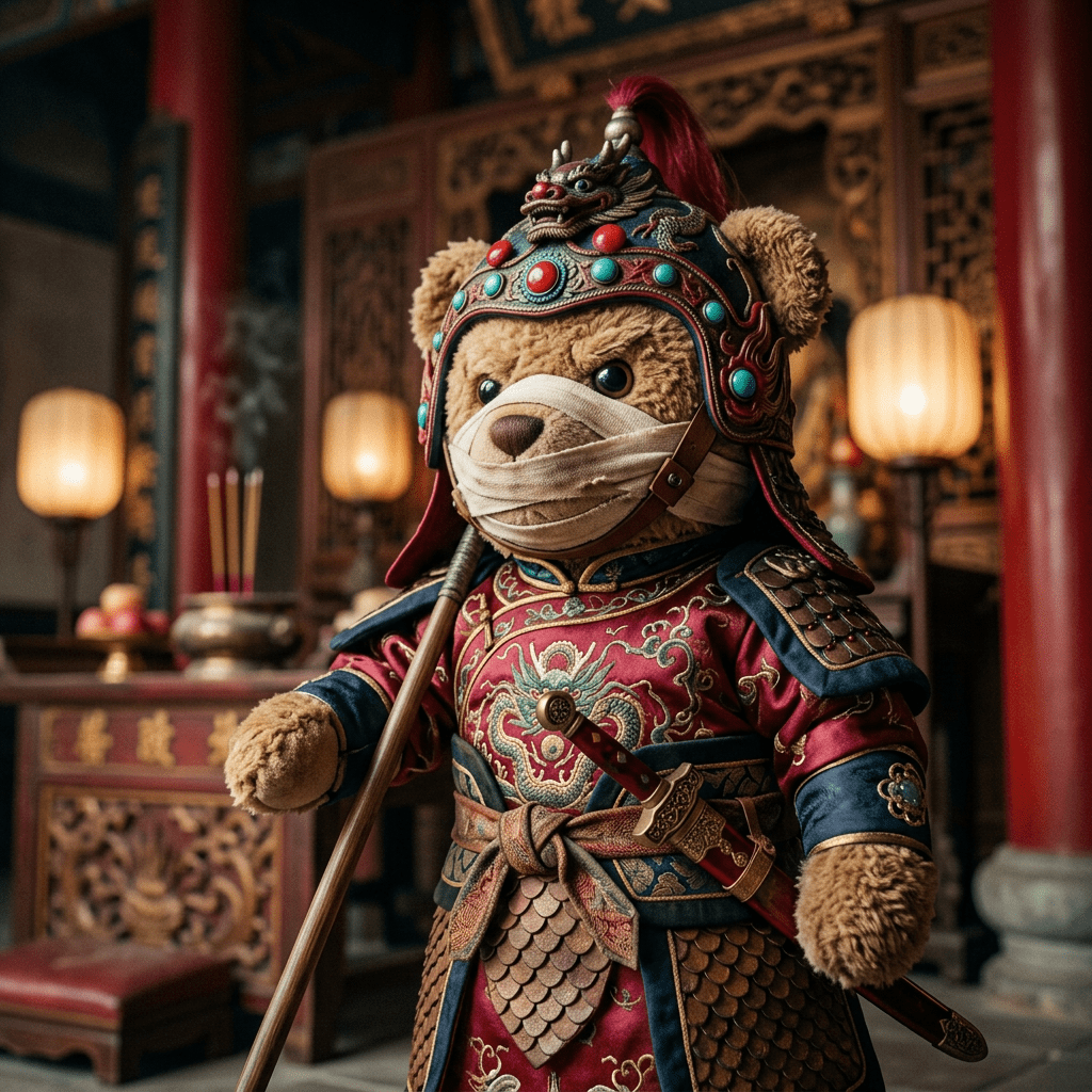Teddy bear wearing ornate red and blue warrior armor and helmet, holding a staff, in a decorated room with lanterns and incense