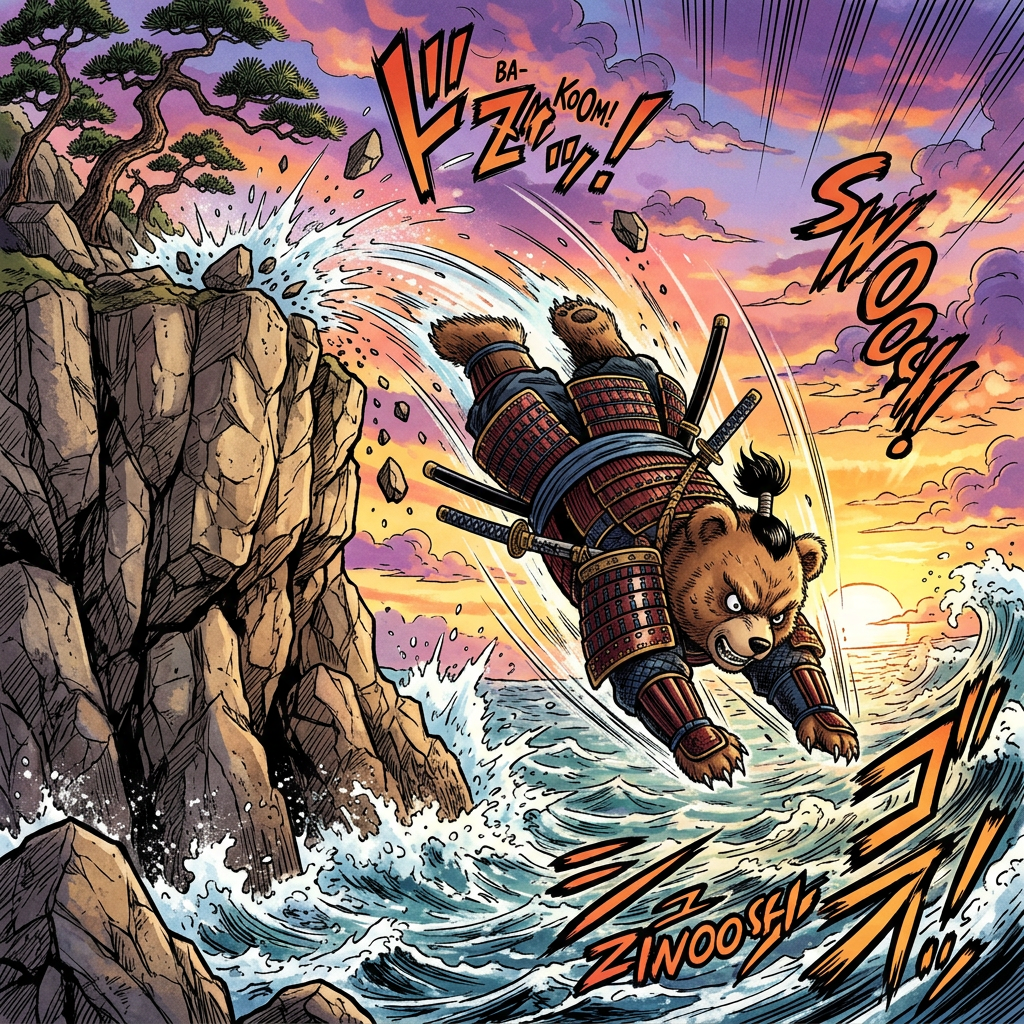Samurai bear in armor diving from cliff into ocean at sunset with dynamic motion lines