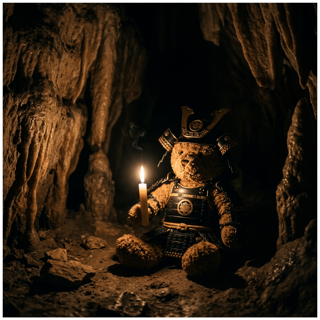 Teddy bear in samurai armor holding a candle inside a rocky cave