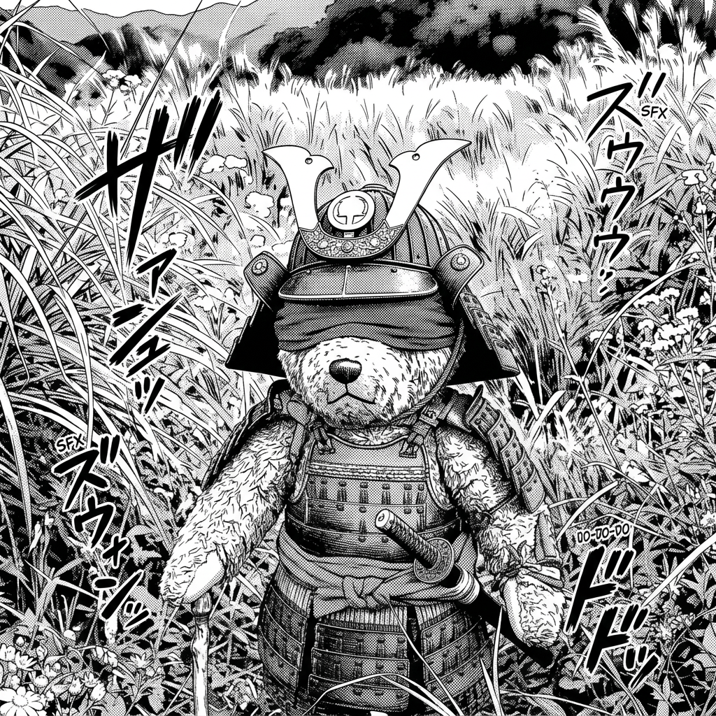 Teddy bear in samurai armor standing on a dirt path in tall grass and wildflowers