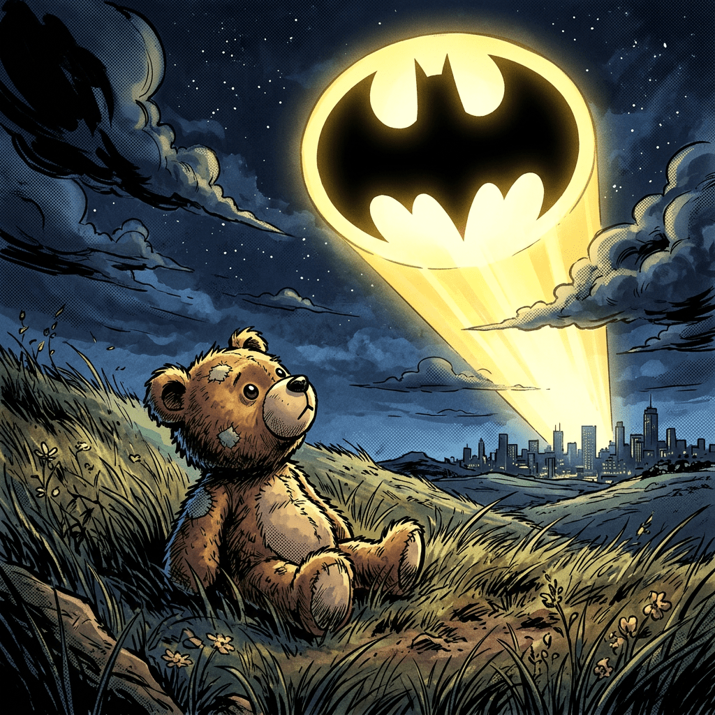 Worn teddy bear watching the Bat-Signal over a city at night