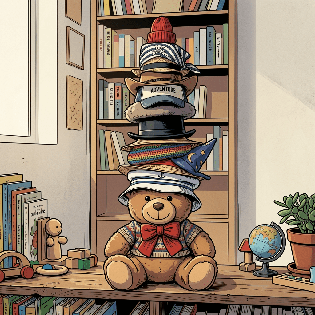 Teddy bear wearing a tall stack of colorful hats on a wooden table