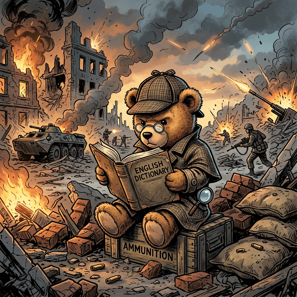 Teddy bear detective reading a dictionary amid war