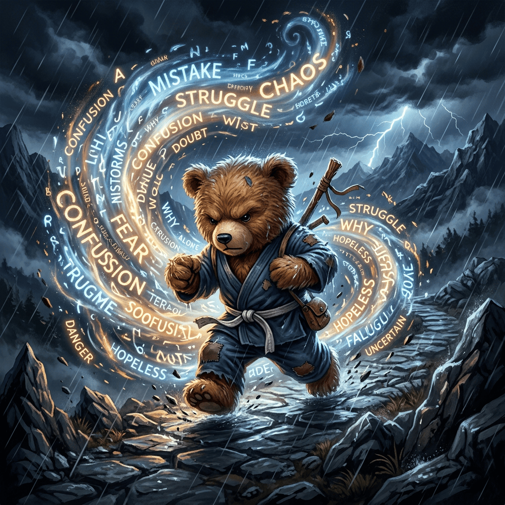 Bear warrior running through rain beneath swirling words including confusion, fear, and struggle