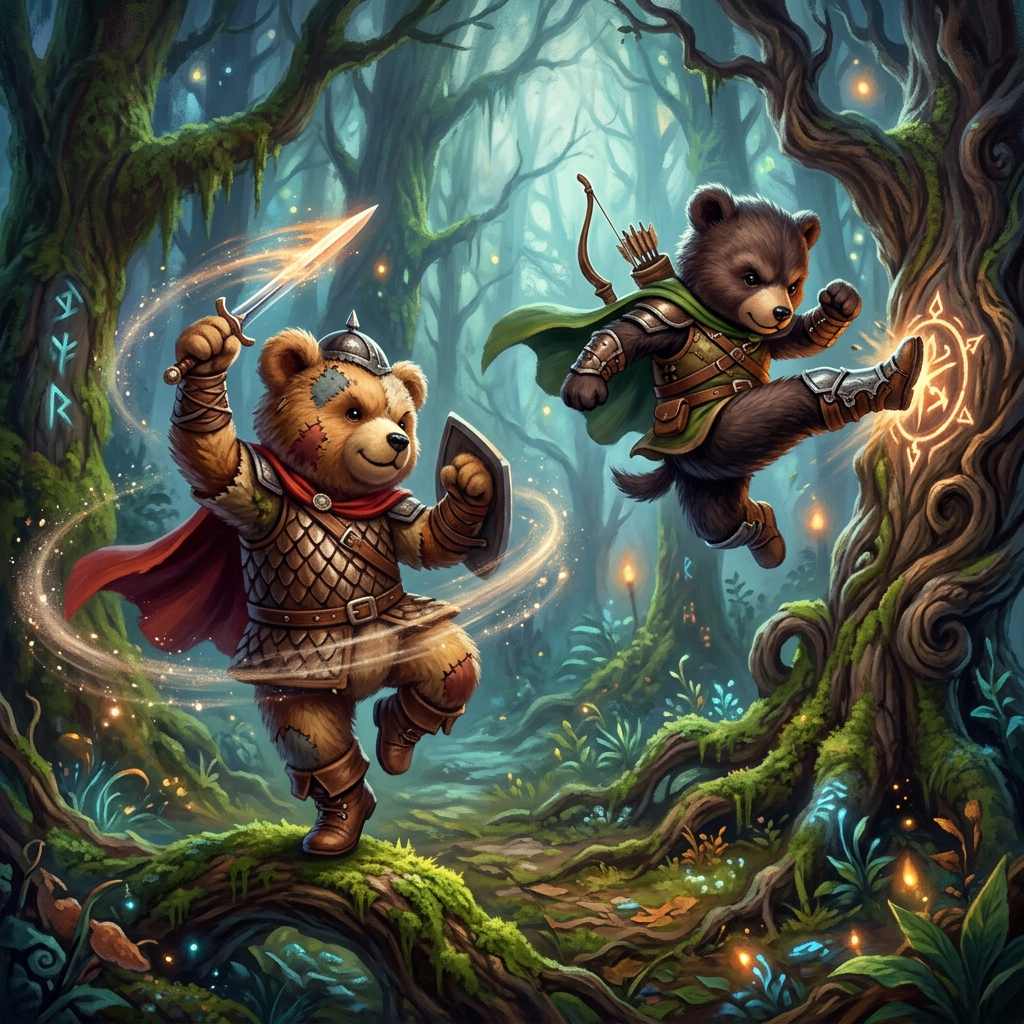 Two armored bears leap through an enchanted forest, one holding a sword and shield